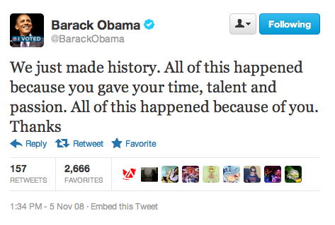 オバマ大統領　2008年当選時のツイート