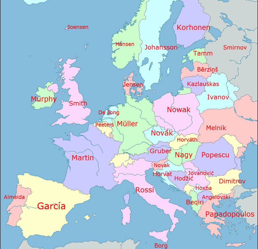 ヨーロッパの国々で最も一般的な苗字